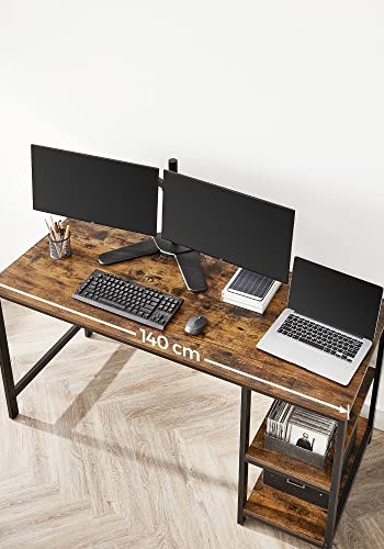 VASAGLE skrivebord, m. 2 hylder - rustik brun spnplade og sort stl (140x60)