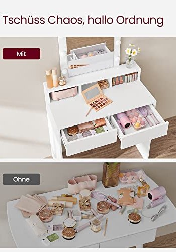 VASAGLE makeup bord, m. spejl, lysprer, 2 skuffer, 3 rum - spejlglas og hvid spnplade (80x40)