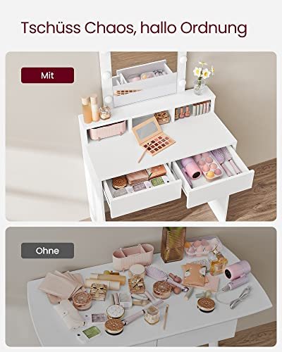 VASAGLE makeup bord, m. spejl, lysprer, 2 skuffer, 3 rum - spejlglas og hvid spnplade (80x40)