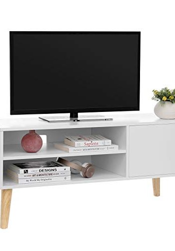 VASAGLE TV-bord, m. 1 lge og 1 hylde - hvid spnplade og natur tr (110x40)
