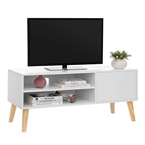 VASAGLE TV-bord, m. 1 lge og 1 hylde - hvid spnplade og natur tr (110x40)