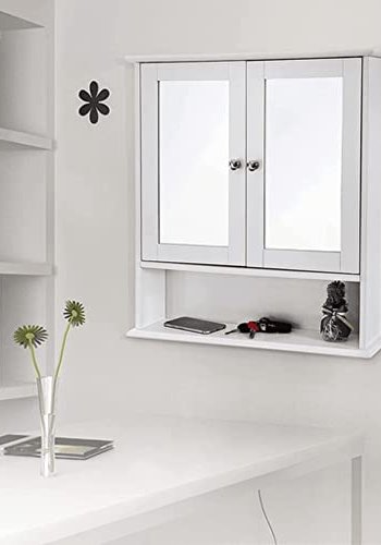 VASAGLE badevrelsesoverskab, m. 2 spejllger og 2 hylder - hvid MDF