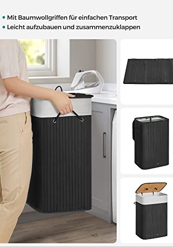 SONGMICS vasketjskurv, rektangulr, foldbar m. 3 hndtag og 1 lg - bomuld og sort bambus