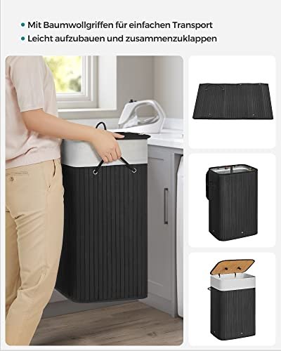SONGMICS vasketjskurv, rektangulr, foldbar m. 3 hndtag og 1 lg - bomuld og sort bambus