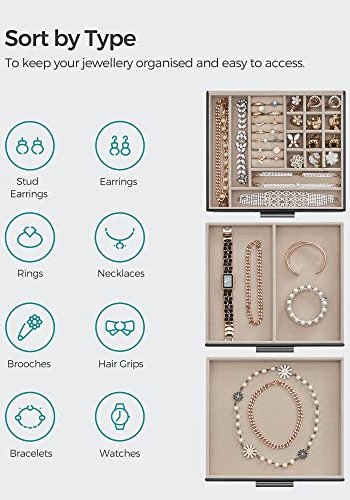 SONGMICS smykkeskrin, 3 lag, m. glaslg og 2 skuffer - fljl og grafitsort PU