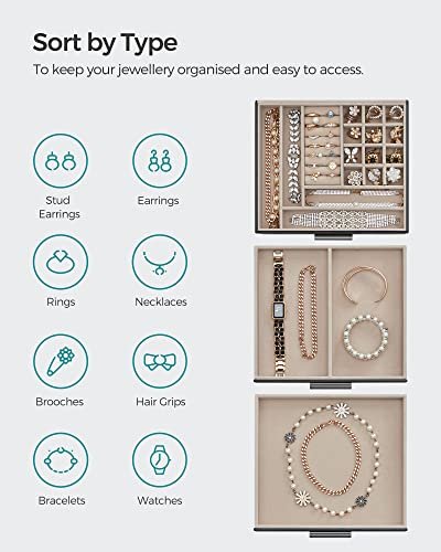 SONGMICS smykkeskrin, 3 lag, m. glaslg og 2 skuffer - fljl og grafitsort PU