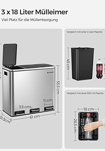 SONGMICS affaldspand, 3-rums, pedal, m. soft-close lg, indvendig plastspand, hndtag - slv stl