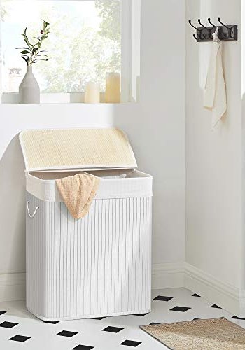 SONGMICS opdelt vasketjskurv, m. lg, 2 sektioner, aftagelig for, hndtag - hvid bomuld og bambus