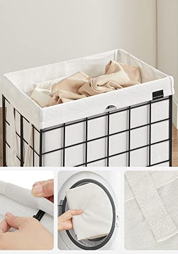 SONGMICS vasketjskurv, sammenklappelig, med aftagelig vaskbar pose - hvid stof og sort stl