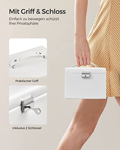 SONGMICS smykkeskrin, 3 lag, m. hndtag, 2 skuffer, lsbar, m. spejl - hvid