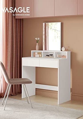 VASAGLE makeup bord, m. spejl, 2 skuffer, 3 rum - spejlglas og hvid melamin (80x40)