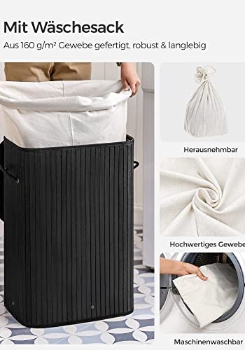 SONGMICS vasketjskurv, rektangulr, foldbar m. 3 hndtag og 1 lg - bomuld og sort bambus
