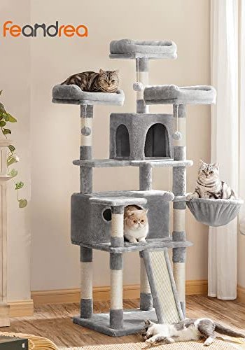 FEANDREA kradsetr, 5 niveauer, 3 platforme, 2 huler, 3 pomponer, 1 kurv - lysegr plys