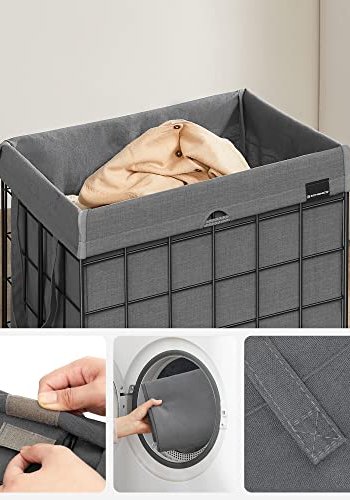 SONGMICS vasketjskurv, sammenklappelig, med aftagelig vaskbar pose - gr stof og sort stl