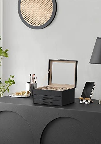 SONGMICS smykkeskrin, 3 lag, m. glaslg og 2 skuffer - fljl og grafitsort PU