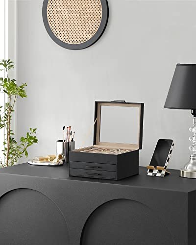 SONGMICS smykkeskrin, 3 lag, m. glaslg og 2 skuffer - fljl og grafitsort PU