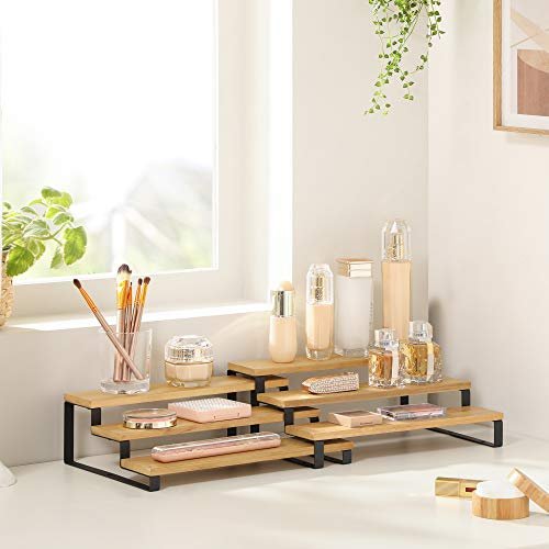 SONGMICS krydderihylde, 3-lags udtrksbar, stabelbar - natur bambus og sort stl (st med 2)