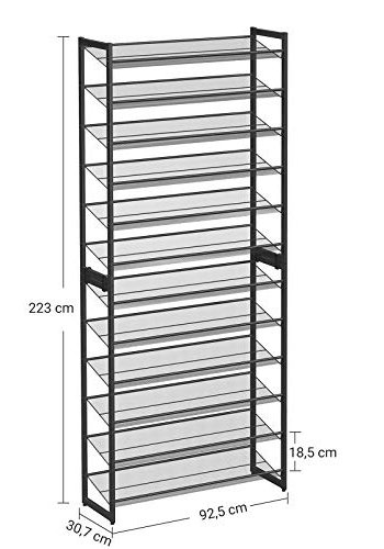 SONGMICS 12-lags skohylde, st med 2 stabelbare 6-lags skoholdere, 48-60 par sko, stor kapacitet, metalnet skohylde, justerbare flade eller vinklede hylder, sort LMR12B