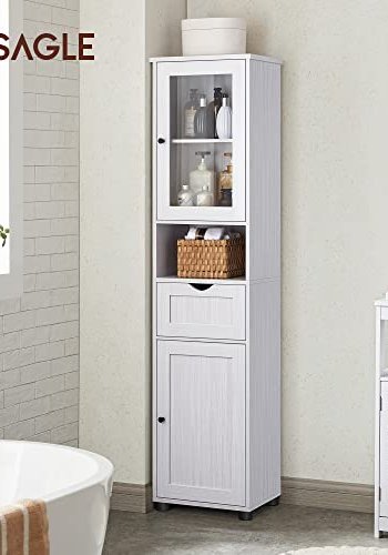 VASAGLE badevrelsesskab, m. 2 lger, justerbare hylder og 1 skuffe - glas og hvid trkorn spnplade