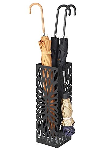 SONGMICS paraplyholder, kvadratisk, m. 4 kroge og aftagelig drypbakke - sort metal