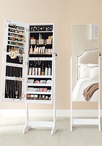 SONGMICS smykkeskab, lsbar, m. spejl, 2 plastikopbevaring til kosmetik - spejlglas og hvid MDF