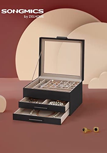 SONGMICS smykkeskrin, 3 lag, m. glaslg og 2 skuffer - fljl og grafitsort PU