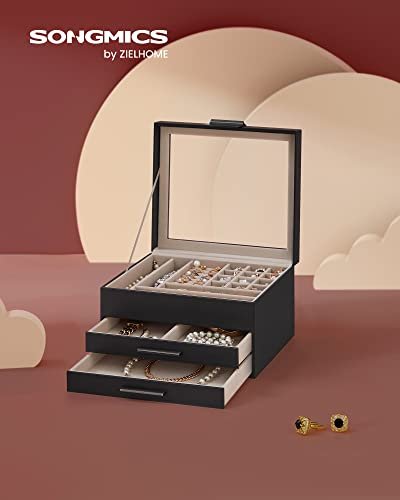 SONGMICS smykkeskrin, 3 lag, m. glaslg og 2 skuffer - fljl og grafitsort PU