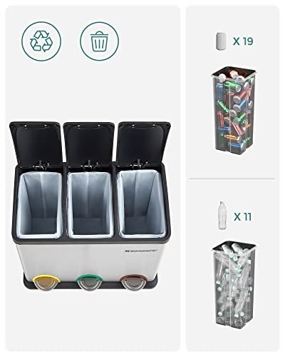 SONGMICS affaldsspand, m. 3 rum, pedaler - slv rustfrit stl og sort polypropylen