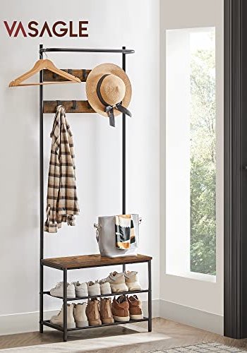 VASAGLE entréopstilling, m.  9 knager, bnk, bjlestang, 2 hylder, brun spnplade og sort stl