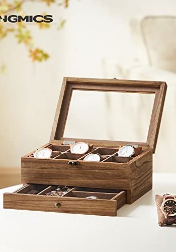SONGMICS smykkeskrin, 2 lag, 8 pladser til ure m. urpuder, glaslg, fljlsfor - valnddefarvet tr