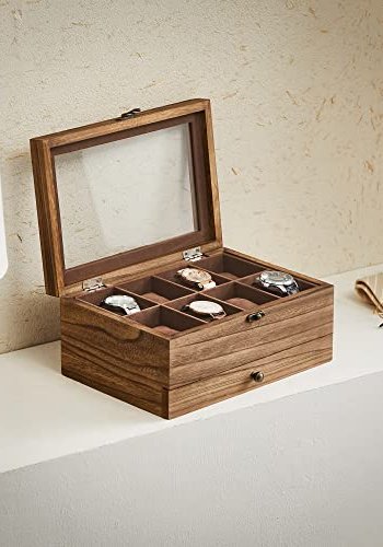 SONGMICS smykkeskrin, 2 lag, 8 pladser til ure m. urpuder, glaslg, fljlsfor - valnddefarvet tr