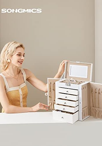 SONGMICS smykkeskrin, m. 6 lag, 5 skuffer, spejl - hvid MDF