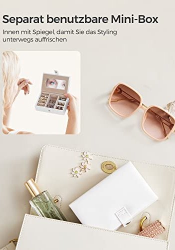 SONGMICS smykkeskrin, m. 2 skuffer, lsbart etui, spejl, transportabelt rejseetui - hvid kunstlder