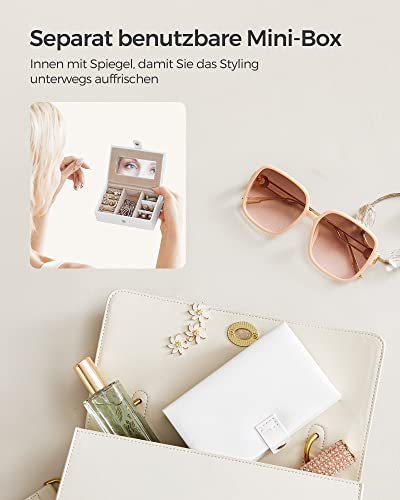 SONGMICS smykkeskrin, m. 2 skuffer, lsbart etui, spejl, transportabelt rejseetui - hvid kunstlder