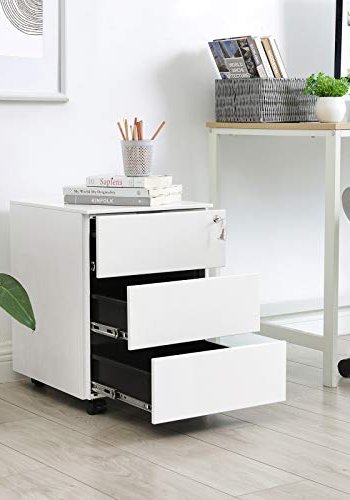 Songmics arkivskab, lsbar, m. 3 skuffer og hjul - hvid stl