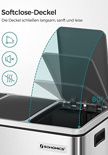 SONGMICS affaldspand, 3-rums, pedal, m. soft-close lg, indvendig plastspand, hndtag - slv stl