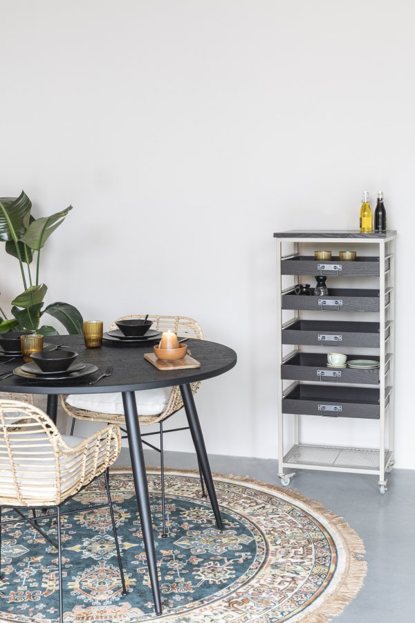 WHITE LABEL LIVING Botan S reol, m. 5 skuffer og hjul - mrkebrun MDF og sand metal