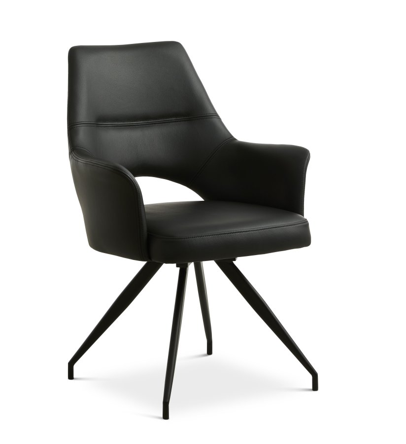 Aya spisebordsstol, m. armln og drejefunktion - sort semianilin lder og sort metal