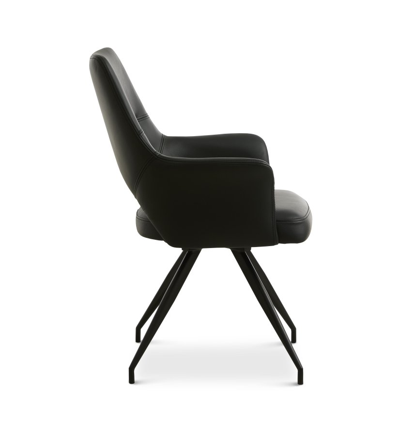 Aya spisebordsstol, m. armln og drejefunktion - sort semianilin lder og sort metal