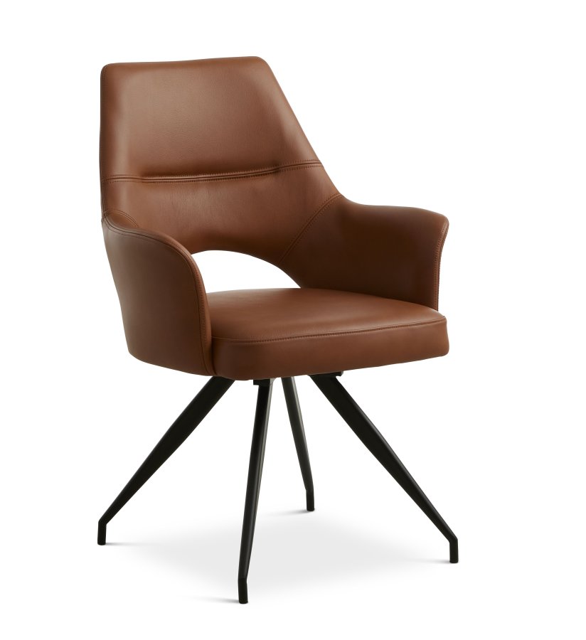 Aya spisebordsstol, m. armln og drejefunktion - cognac semianilin lder og sort metal