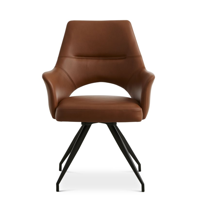 Aya spisebordsstol, m. armln og drejefunktion - cognac semianilin lder og sort metal