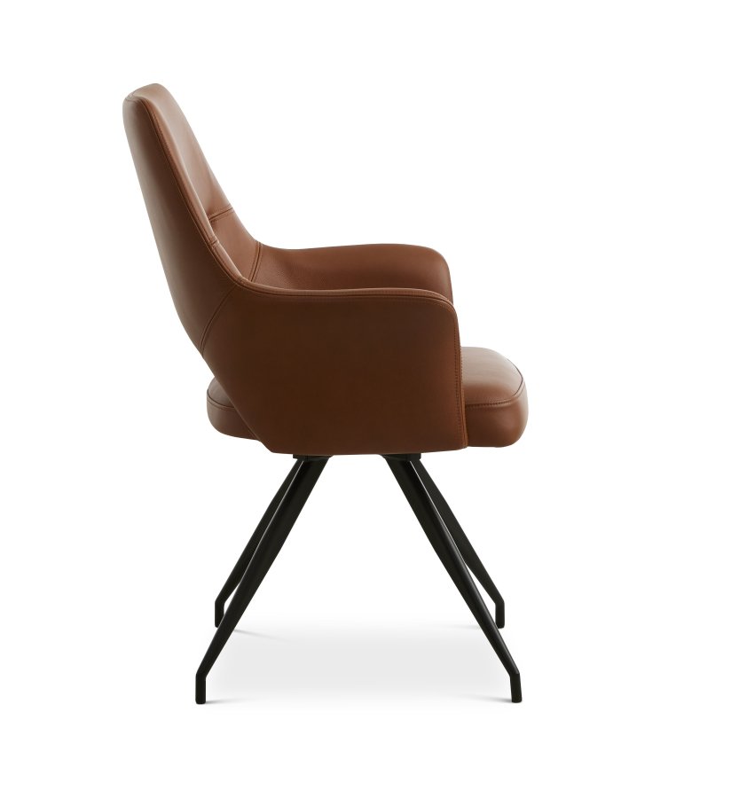 Aya spisebordsstol, m. armln og drejefunktion - cognac semianilin lder og sort metal