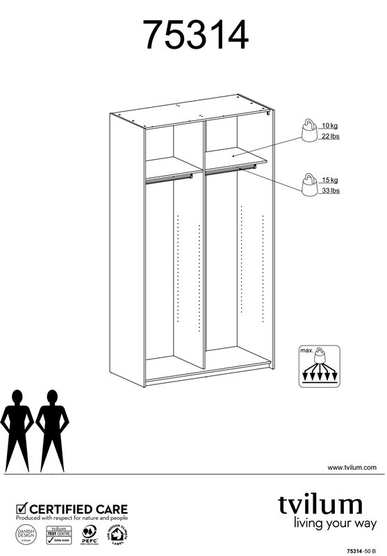 TVILUM Firenze garderobeskab- Hvidt MDF, smal, 2 skydelger