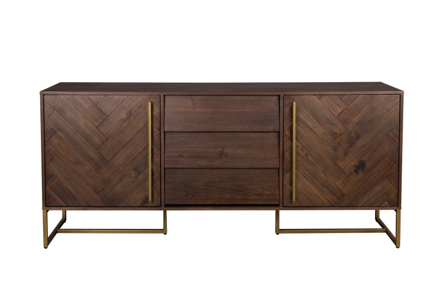 DUTCHBONE Klasse sknk, Hj, m. 2 lger, 2 hylder og 3 skuffer - brun sildeben tr og guld stl