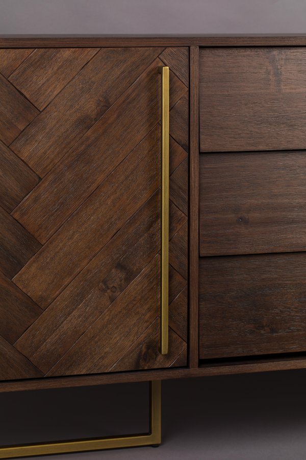 DUTCHBONE Klasse sknk, Hj, m. 2 lger, 2 hylder og 3 skuffer - brun sildeben tr og guld stl