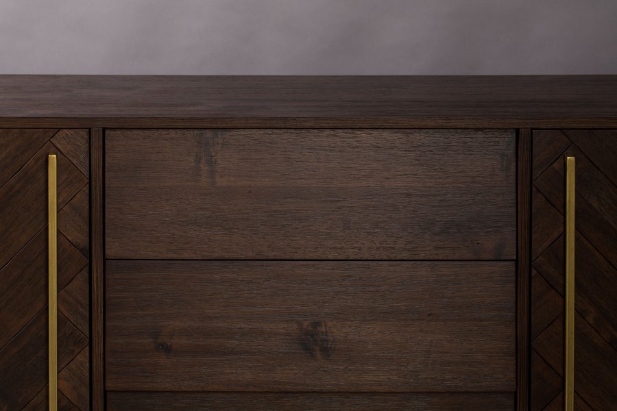 DUTCHBONE Klasse sknk, Hj, m. 2 lger, 2 hylder og 3 skuffer - brun sildeben tr og guld stl