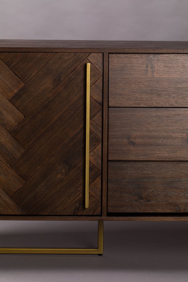 DUTCHBONE Klasse sknk, Hj, m. 2 lger, 2 hylder og 3 skuffer - brun sildeben tr og guld stl