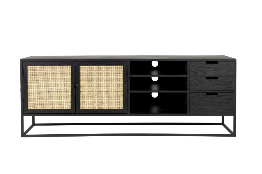 WHITE LABEL LIVING Guuji sknk, m. 2 lger, 3 skuffer, hylder - rattan og sort askefinérjern