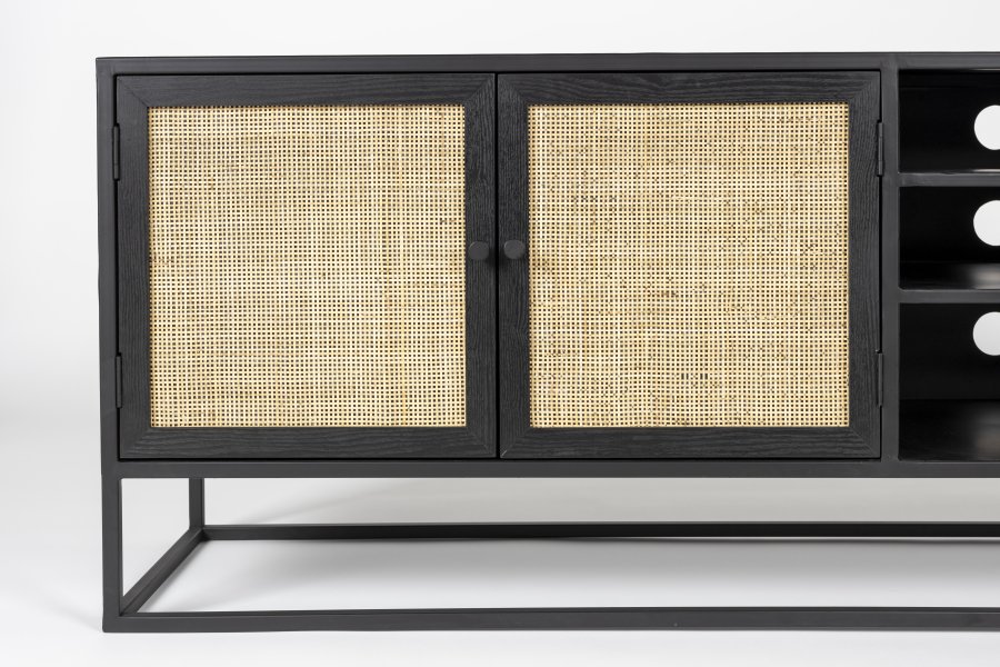 WHITE LABEL LIVING Guuji sknk, m. 2 lger, 3 skuffer, hylder - rattan og sort askefinérjern