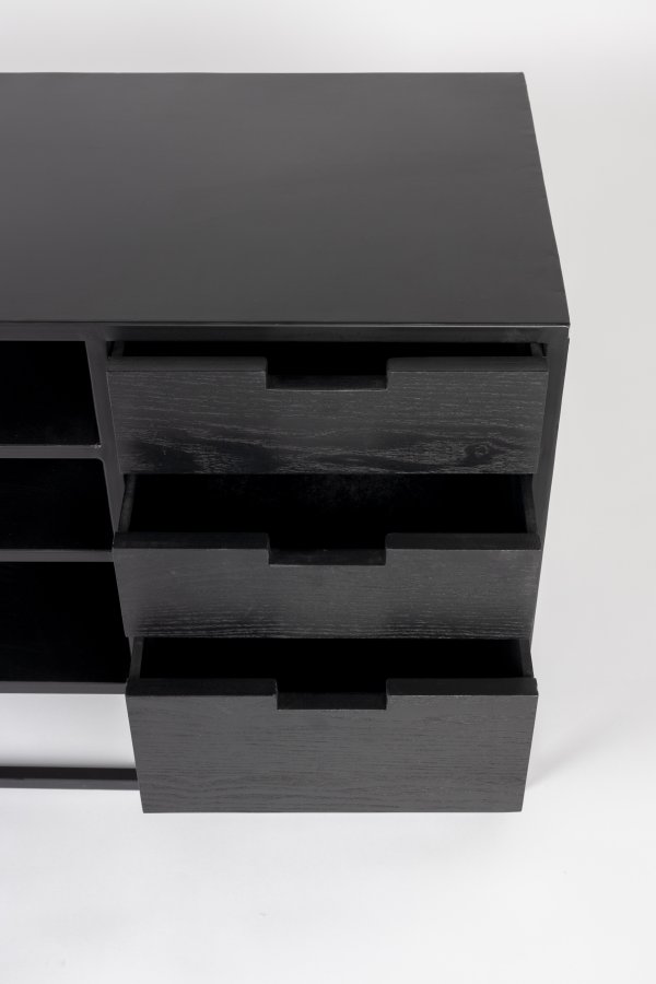 WHITE LABEL LIVING Guuji sknk, m. 2 lger, 3 skuffer, hylder - rattan og sort askefinérjern